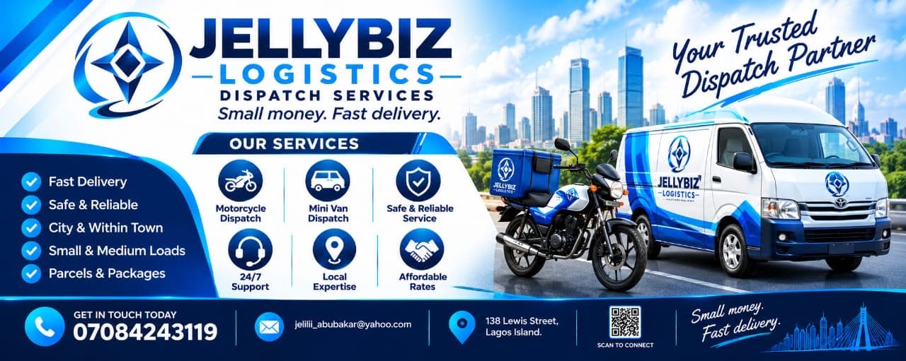 Jellybiz Logistics flyer: dispatch services in Lagos Island with motorcycle and mini van, 07084243119, 138 Lewis Street Lagos Island